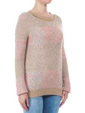 Patrizia Pepe Tan & Pink Plaid Crewneck Sweater with Chain Detail size 2 (US 8)